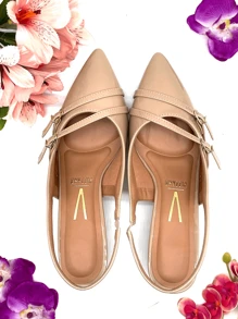 Vizzano Women's Slingback Pointed Toe Thick Heel Pumps Elegant Blogger Original Comfortable - Màu be - Xem 3