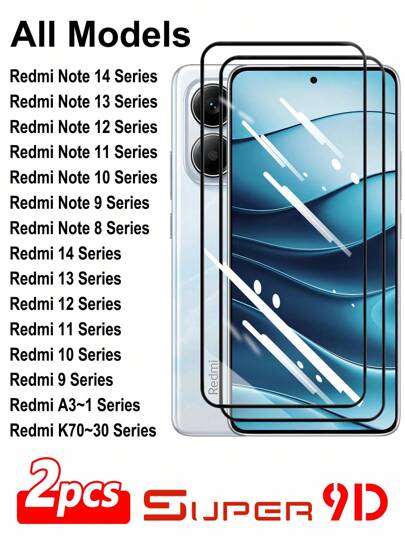 ZYONS 2片装超清9D全覆盖2.5D 9H硬度钢化玻璃屏幕保护膜，适用于Redmi Note 14/13 Pro Max/12R/11 Lite/10S/9A/8/T/Redmi 14C/13C/11 10 2022/9i Power/A5/A4/A3/A2+/A1/K80/K70 Pro/K60 Ultra/K50/K40/K30系列，防水、防震、防刮、防指纹
