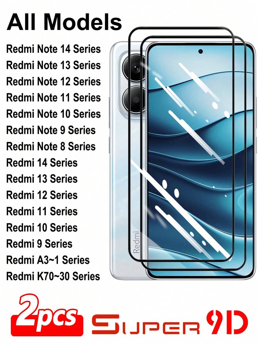 ZYONS 2pcs Ultra-Clear 9D Full Coverage 2.5D 9H Hardness Tempered Glass Screen Protector, Suitable For Redmi Note 14/13 Pro Max/12R/11 Lite/10S/9A/8/T/Redmi 14C/13C/11 10 2022/9i Power/A5/A4/A3/A2+/A1/K80/K70 Pro/K60 Ultra/K50/K40/K30 Series, Waterproof, Shockproof, Anti-Scratch, Anti-Fingerprint - Black - View 1