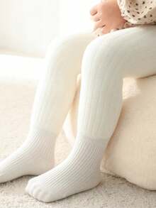 1 quần legging nỉ ấm áp sọc dọc màu trơn cho trẻ em, có thể điều chỉnh độ dài, phù hợp cho mùa thu/đông - trắng - Xem 7