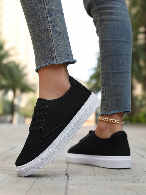 Women's Casual Sneakers, Round Toe Lace-Up Thick Sole Platform Shoes, Comfortable Breathable Hiking Shoes, Solid Black/White/Gray Canvas Shoes
