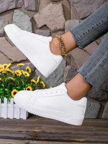 女士低帮滑板鞋，透气网眼，纯色百搭舒适，厚底，系带，休闲运动鞋 - 白色 - 查看 3