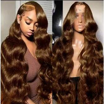 巧克力棕色蕾丝前假发 人发预拔波浪 13X4 蕾丝前假发 人发 180% 密度 颜色 #4 棕色无胶假发 女士蕾丝前假发