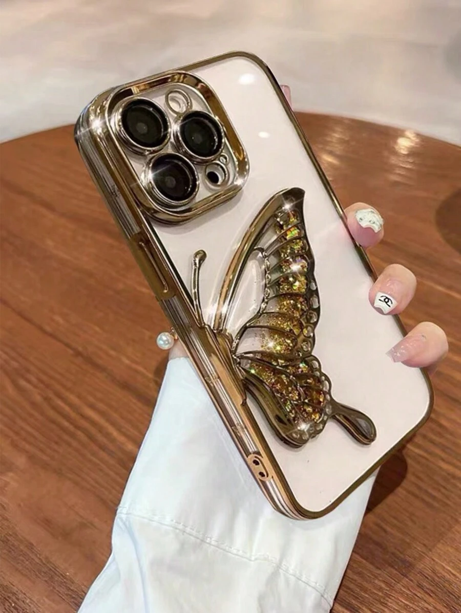 [MELODY SKY] Butterfly Design IPhone15 Phone Case For Women, Fashionable IPhone15promax Case, High-End IPhone15pro Protective Cover, Wireless Charging IPhone14promax Case With Elegant Feel, Full-Body Protection IPhone14pro Phone Case, Creative IPhone14 Case, IPhone16/16pro/16promax Cases For Men, IPhone17/17pro/17promax Cases - Champagne - View 1
