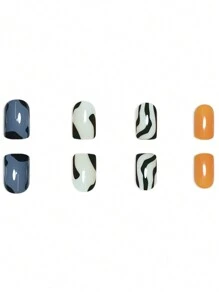 24 piezas de uñas postizas cortas cuadradas asimétricas con diseño a rayas, aptas para uso diario para todas las mujeres