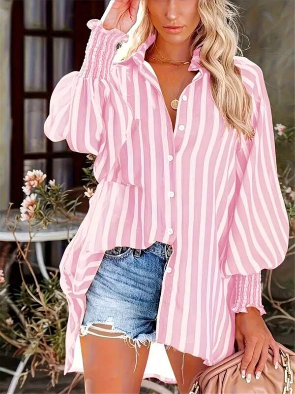Plus Size Women Washed Striped Loose Casual Lantern Sleeve Shirt