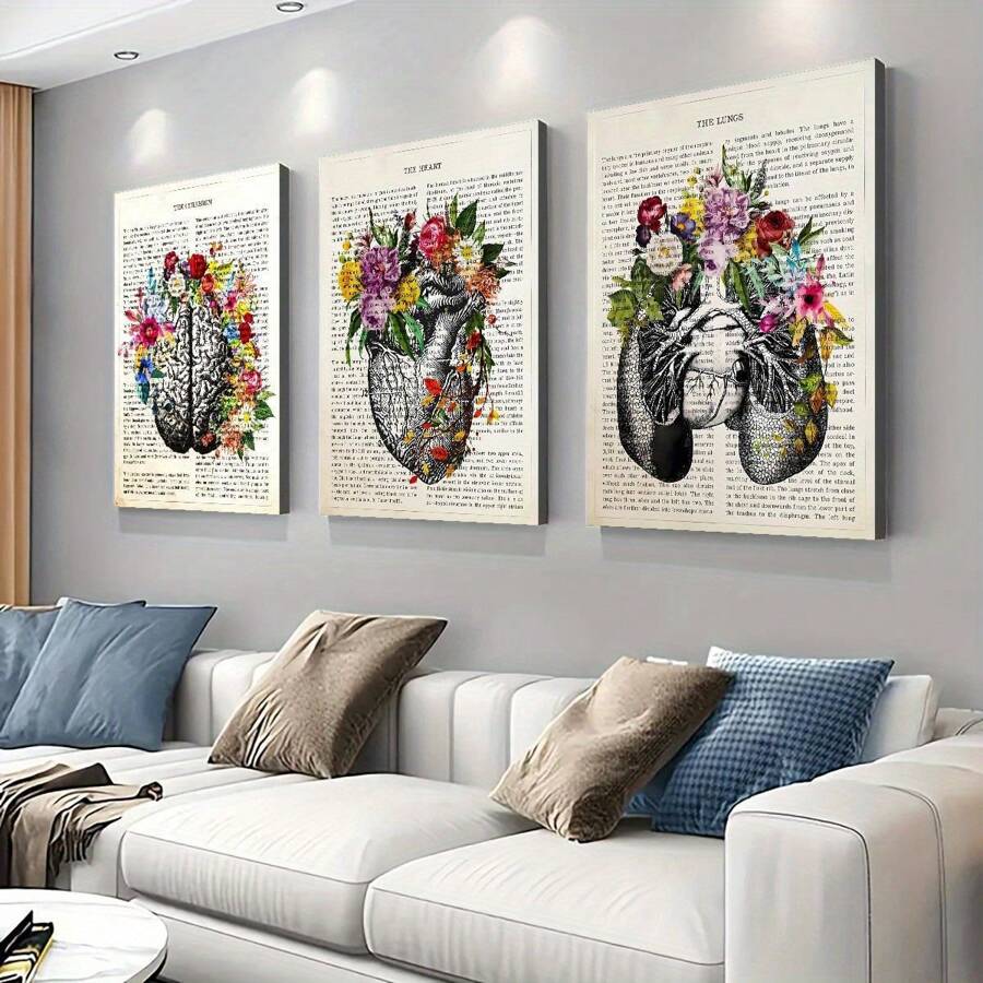 3 件花卉解剖帆布墙艺术套装 - 经典现代风格艺术装饰，适用于家庭办公室、浴室、客厅装饰 - 大脑、心脏、肺，配有春/夏花卉 - 室内/室外艺术品装饰、海报礼物生日毕业