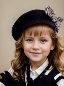 1pc Toddler Girls Houndstooth Pattern Bow Knitted Beret Hat, Beige