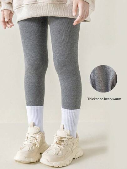 1pc Thermal Lined Kids Stirrup Tights, Solid Color, Warm For Autumn Winter, Can Be Worn Outwardly