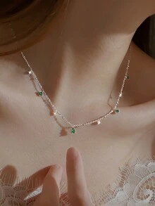 1 件 S925 纯银低过敏性项链，方形和绿色水滴绿色水钻吊坠，精致甜美的锁骨链，非常适合日常佩戴、派对和特殊场合 - 水滴 - 查看 3