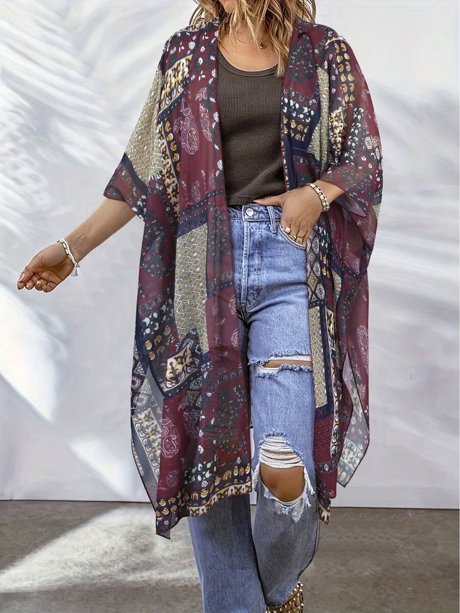Floral Print Kimono Cover Up Women Holiday Casual Spring Summer Outfits - 彩色 - 查看 1