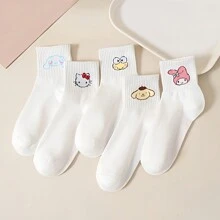 Sanrio 1 pereche de șosete de damă cu model de desene animate, mărime unică, șosete confortabile, respirabile și moi pentru purtarea de zi cu zi, material poliester și spandex ușor de întreținut