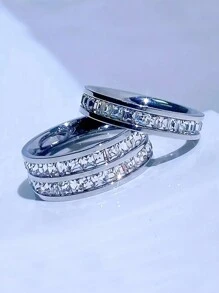 2 件时尚奢华不锈钢方晶锆石情侣戒指，结婚生日周年派对礼物 - 華麗 - 查看 7