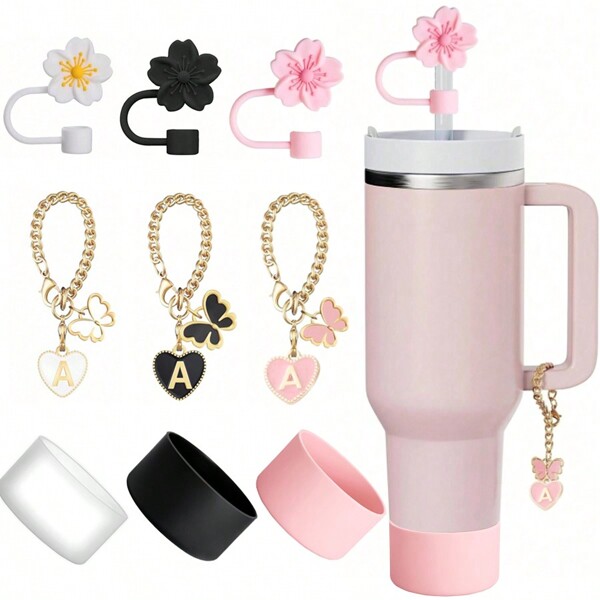 Compatible con accesorios de la Copa , 1 pieza Tapa de pajita con flor de cerezo rosa para taza, 1 pieza Bota de silicona, 1 pieza Encantos con letras lindas para tumblers de 30 y 40 onzas con asa, regalo para el Día de la Madre