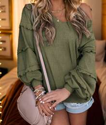 Women's V Neck Long Sleeve Blouse Loose Fit Ruffles Off Shoulder Knit Solid Tops T-Shirts - Army Green - View 1