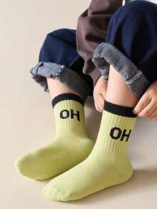5 双儿童袜子，男童/女童字母条纹运动风格百搭中筒袜，舒适柔软透气高弹，适合秋冬季 - 彩色 - 查看 3