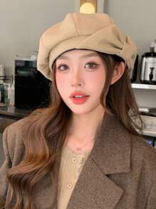 1顶女士新款韩版贝雷帽，饰有迷人蝴蝶结，既可作画家帽，又能修饰脸型，独特设计的宽松针织帽，时尚冬季配饰，送给她的礼物 - 彩色 - 查看 12