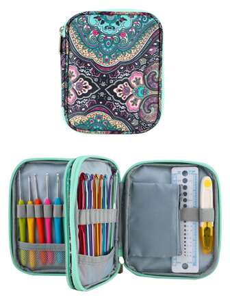 1st bärbar virknålsförvaringsväska, handhållen sömnadsanordning med stor kapacitet i dubbla lager, tygpåse för stickning, dragkedja med tryckt mönster, slumpmässig färg med dragkedja