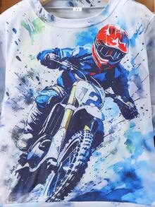 2 件套年轻男孩休闲摩托车骑手印花扎染全印花长袖连帽衫和裤子套装，适合春秋季节，运动、休闲、日常穿着、户外、学校 - 藍白色 - 查看 4