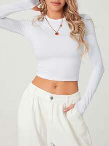 Women T-Shirt, Long Sleeve Crew Neck Solid Slim Fit Ladies Crop Top With Thumb Holes For Daily Street - trắng - Xem 3
