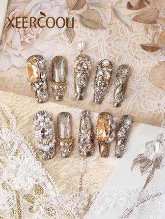 10 st. tryck-on naglar Golden Line Gong Tingfeng Explosive Flash Diamond lång kedja kärlek lyxig tungindustri lila lyxig hel diamant ren handgjord produktion naglar långa naglar tryck-on naglar set innehåller 1 ark självhäftande flikar och 1 st minifil