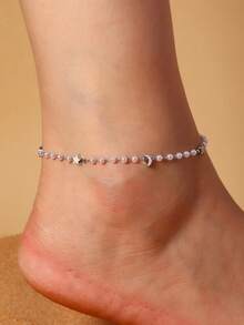 1入流行簡約海灘風格愛心和幾何形狀珍珠鑲嵌精緻足飾，適用於女性休閒日常穿搭