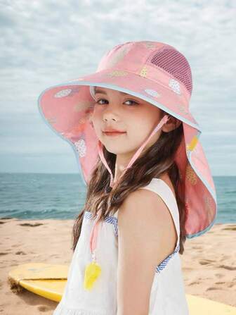 1 件男女通用儿童恐龙印花双面渔夫帽，带可拆卸抽绳，粉色防晒，黑色恐龙图案，可调节下巴绳，透气网眼，春夏户外运动帽带口哨（口哨颜色随机）