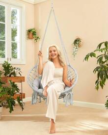GREENSTELL Hammock Chair, Macrame Swing Chair With Comfy Cushion, Boho Hanging Chair For Outdoor & Indoor, Perfect For Bedroom, Patio, Balcony, Hold Up To 330Lbs - Xám - Xem 7