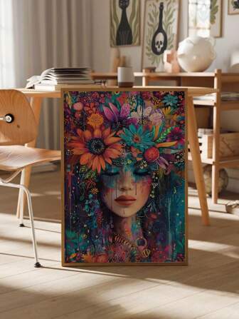 1 cartellone su tela con figura astratta floreale, arte di graffiti da parete, senza cornice