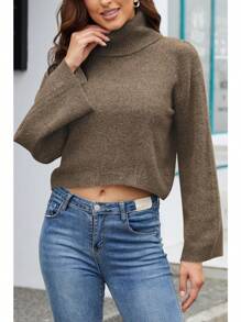 CICILEEDA Women's Crop Sweater Turtleneck Long Sleeve Lightweight Fleece Cropped Pullover Sweater Top - 棕色 - 查看 5