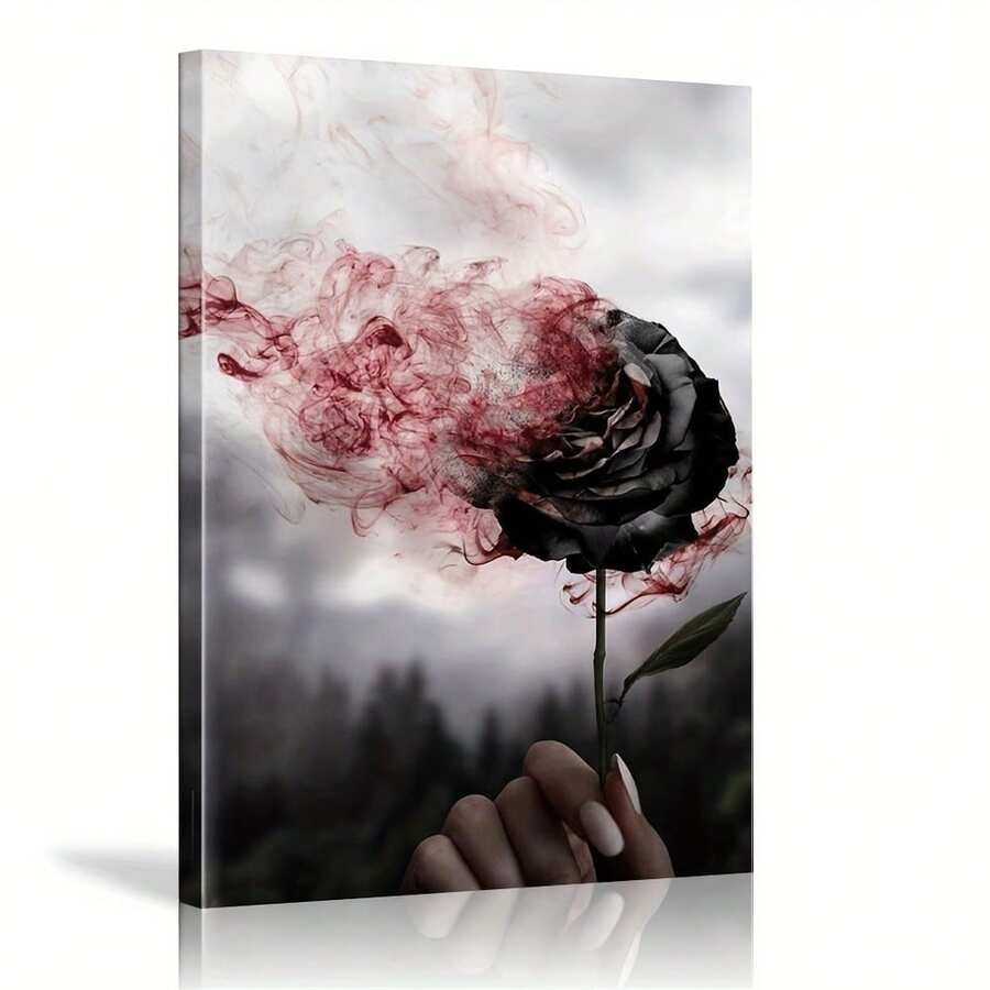 1pcs Framed Bleeding Rose Canvas Print Art Poster, Woman Holding A Rose Canvas Print, Valentine's Day Gift Canvas Painting, Living Room Bedroom Bathroom Entryway Porch Office Apartment Dormitory Home Wall Decor Mural Ready To Hang - 彩色 - 查看 1