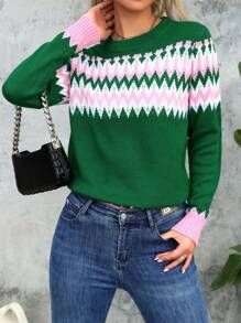 Women's Retro Striped Contrast Color Crew Neck Long Sleeve Knit Pullover Sweater, Fashionable For Autumn/Winter - Green - View 1