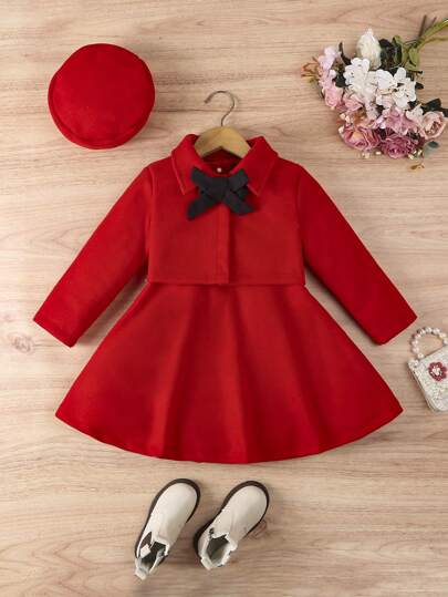 Autumn/Winter Young Girl Elegant Solid Color Outerwear + Jumper Dress + Hat + Belt 4pcs Set
