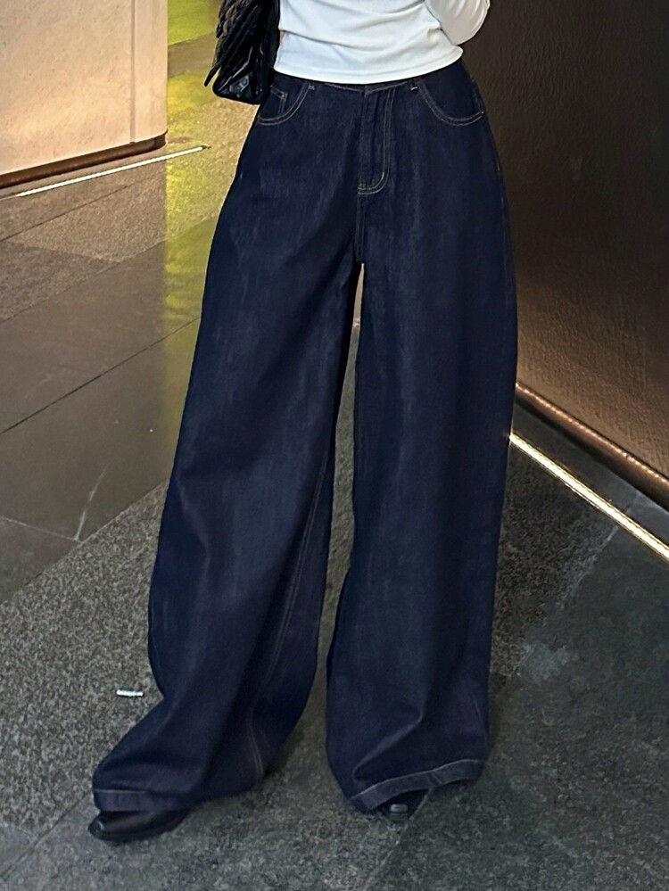 2024 秋冬女款高腰直筒宽松修身牛仔裤 - 深藍色 - 查看 5