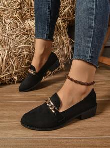 Plus Size Women Retro Slip-On Flat Loafers, Comfort Casual Low Vamp Chain Decor Moccasins