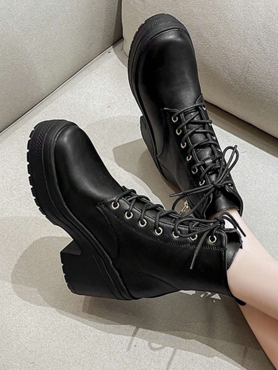 Giày bốt buộc dây cao gót mới, giày bốt đế dày mũi tròn màu đen, giày bốt ngắn đế dày, chống thấm nước, giày bốt mô tô thời trang gợi cảm - màu đen - Xem 1