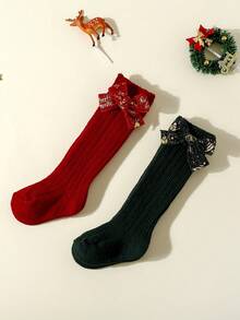 2 Cặp vớ đan len cổ tròn màu đỏ dễ thương trang trí nơ cho bé gái sơ sinh và trẻ mới biết đi, thích hợp mặc vào dịp Giáng sinh và năm mới - Nhiều màu - Xem 3