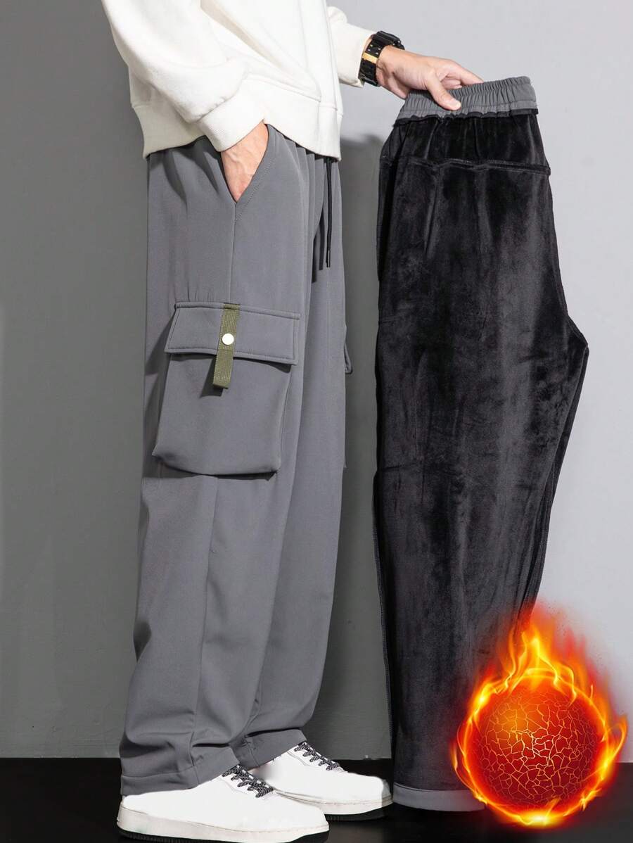 男士保暖内衬口袋裤，适合秋冬穿着 - 灰色 - 查看 1