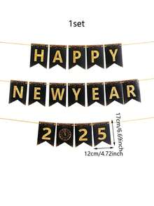 1set 2025 Happy New Year Party Banner Set - Large Black & Golden Foil Cheers, Fish Tail Design For Indoor/Outdoor Celebrations - Multicolor - View 2