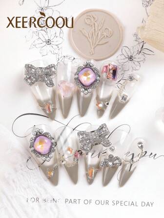 10pcs Press On Nails Long Nail French Coffee Color Bow Explosive Flash Diamond Heavy Industry Water Droplet Shape Pure Handmade Production Nails Long Nails Press On Nails Set Includes 1sheet Adhesive Tabs &1 Pc Mini File