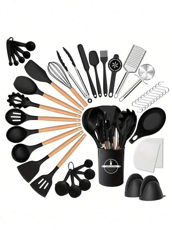 43 peças/conjunto, conjunto de utensílios de silicone, conjunto de utensílios de cozinha, conjunto de utensílios de cozinha de segurança, conjunto de utensílios de cozinha antiaderentes com cabo de madeira, utensílios de cozinha modernos laváveis, utensílios de cozinha, utensílios de cozinha, itens essenciais de cozinha