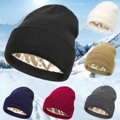 1pc Solid Colored European & American Fashion Autumn/Winter New Knit Beanie, Reversible Unisex Ribbed Insulating Hat, Christmas Snowman Outdoor Versatile Gift