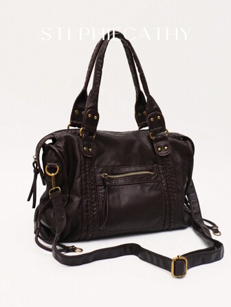 STEPHIECATHY Retro Casual Cool Street Style Soft Brush Off Washed PU Vegan Leather Zipper Closure Zip Pockets Braid Decor Large Capacity Fits 13' Laptop Tote Adjustable Long Strap Cross Body Shoulder Bag Women Daily College Commute Travel Versatile, Y2k Bag, Bohemia Style Bag For Women, 2000s Fashion Style Bag For Women, New Fashionable Big Bags For Women, New Arrival Tote Bags For Woman , Gifts For Women