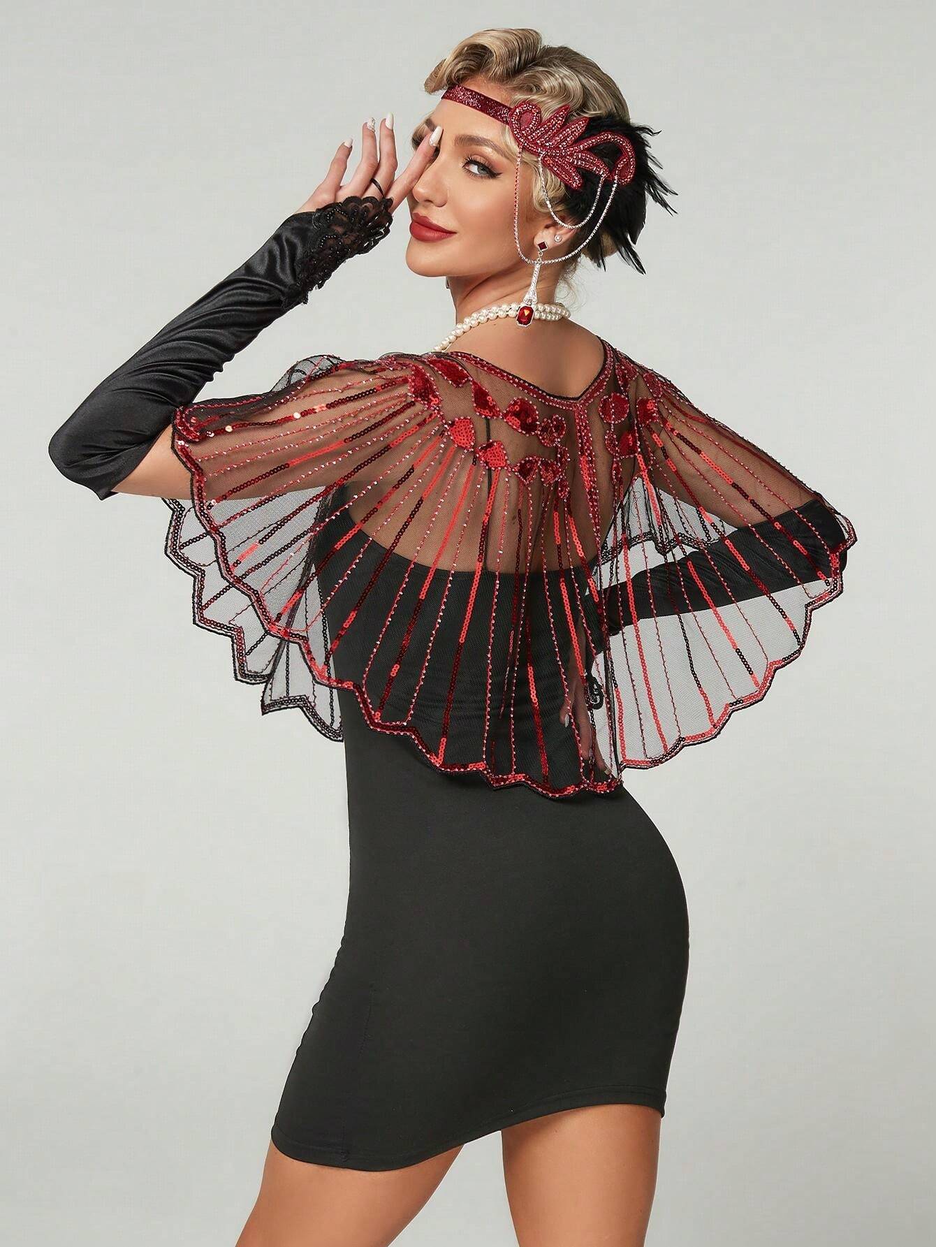 Chal De Fiesta Años 20 Con Cuentas Y Lentejuelas - Bolero Elegante Para Mujer, Poliéster
