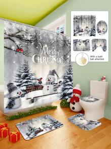 1/2/3/4 Pieces Christmas Collection Shower Curtain, Cute Snowman Woven Shower Curtain, Bathroom Non-Slip Mat, Toilet U-Mat, Toilet Lid Cover Mat, Bathroom Complete Set, Modern Waterproof Bathroom Decoration, Comes With 12 Hooks And A Shower Ball, Multiple Sizes Available Back To School
