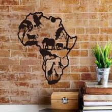 1 pièce Sculpture murale en fer en forme de carte d'Afrique avec animaux - Décoration d'intérieur/extérieur artisanale pour le salon, la chambre à coucher ou la terrasse - Art métallique saisissant, décoration de la maison, décoration de la pièce, décoration murale