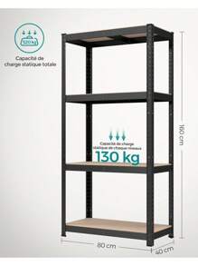 SONGMICS Étagère de Rangement à 4 Niveaux, 40 x 80 x 160 cm, Capacité 520 kg, Planches Réglables, Style Industriel, pour Cuisine, Salon, Noir - Noir - Voir 7