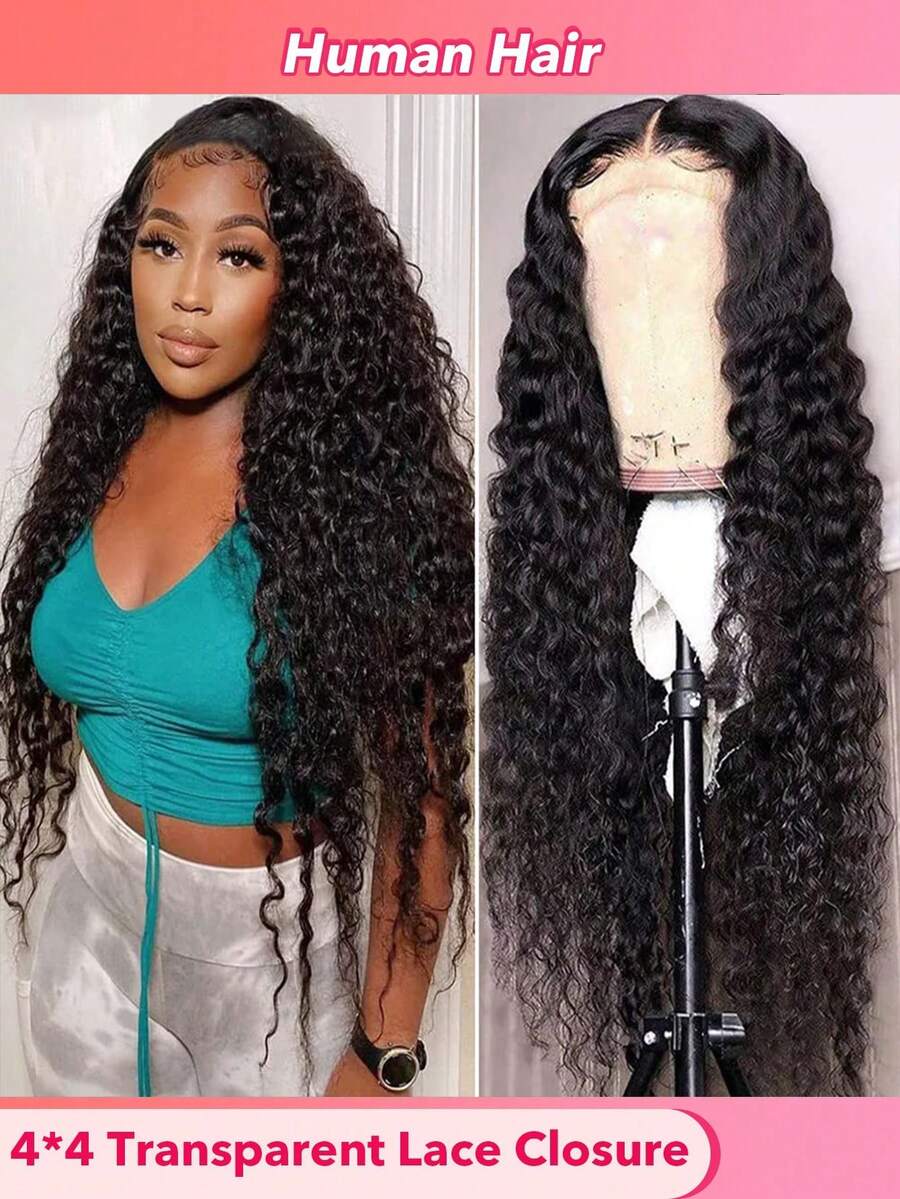 180% 密度深波浪蕾丝前假发 26 英寸蕾丝闭合假发 人发深卷发 4x4 蕾丝前假发 人发预拔婴儿头发 适合女性 - 自然色&黑色系 - 查看 1