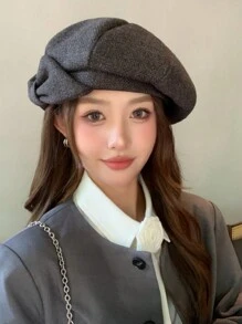 1顶女士新款韩版贝雷帽，饰有迷人蝴蝶结，既可作画家帽，又能修饰脸型，独特设计的宽松针织帽，时尚冬季配饰，送给她的礼物 - 彩色 - 查看 8