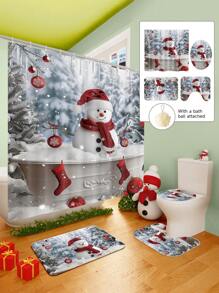 Conjunto de cortina de chuveiro com boneco de neve vermelho de Natal, 1/2/3/4 peças, com 12 ganchos e uma bola de chuveiro, cortina de chuveiro de poliéster impermeável e resistente a mofo, tapete antiderrapante para banheiro, tapete em U para vaso sanitário, capa protetora para vaso sanitário, conjunto decorativo para banheiro, sem necessidade de furadeira, vários tamanhos disponíveis, acessórios de decoração de outono para banheiro, volta às aulas